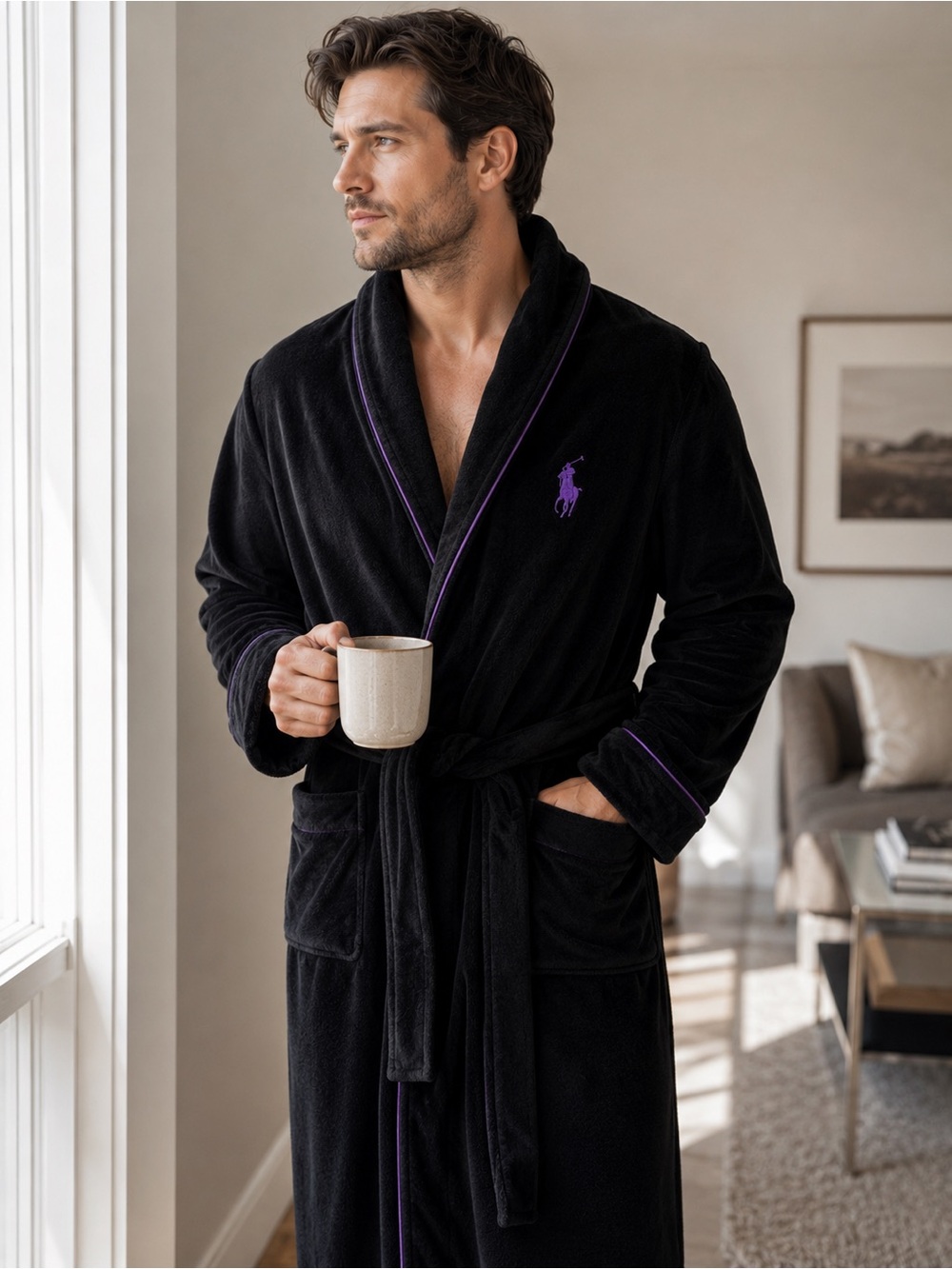 Polo Ralph Lauren Black Plush Fleece Bathrobe Purple Pony One Size Quiet Luxury